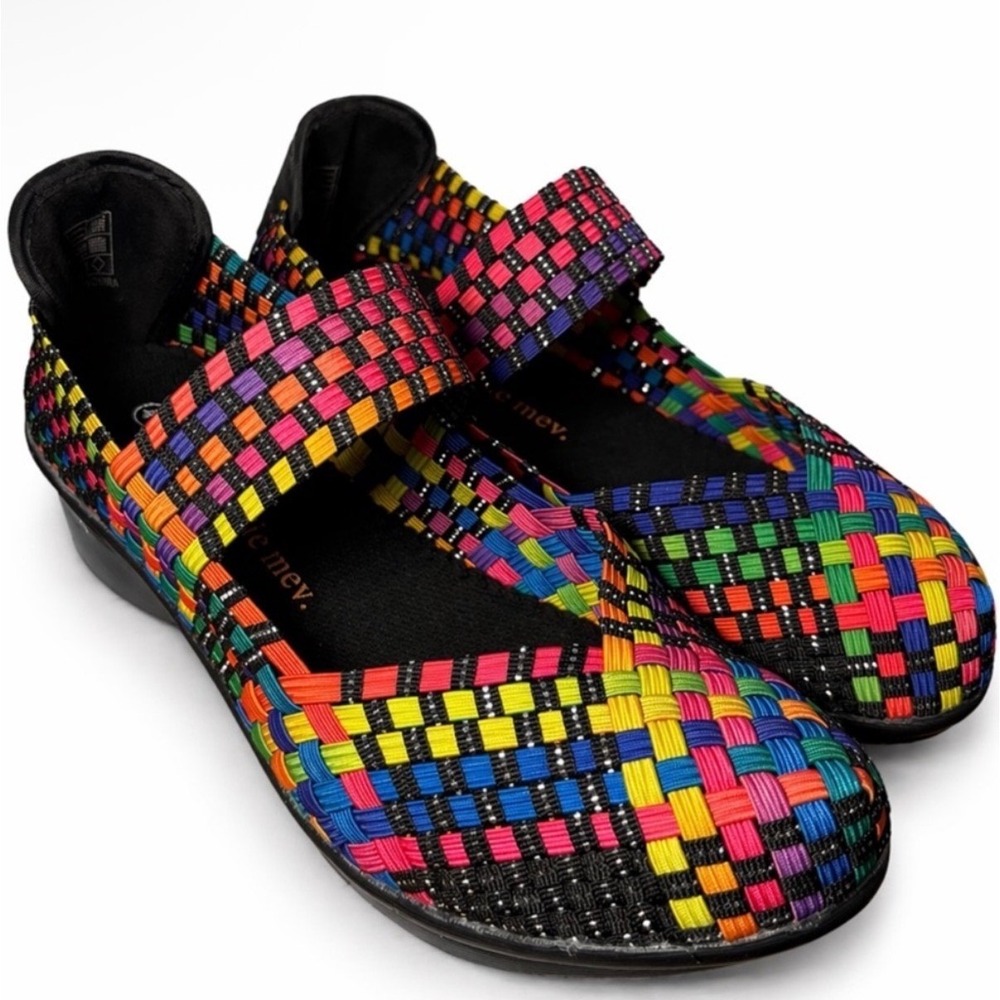 Bernie Mev Charm Yael Black‎ Multi Rainbow Woven Mary Jane Wedge Shoes Womens 35